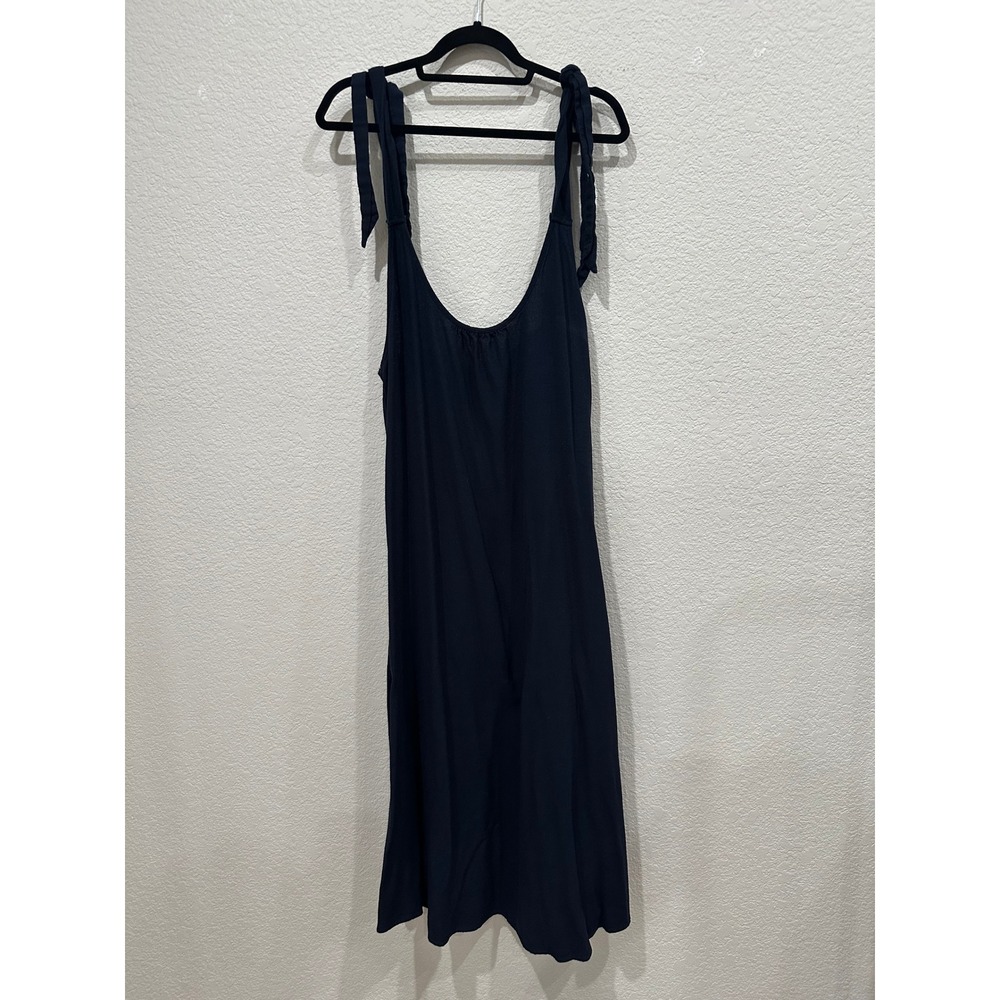 Nordstrom Navy Blue Tie Shoulder Midi Dress Viscose Linen Blend Womens Large